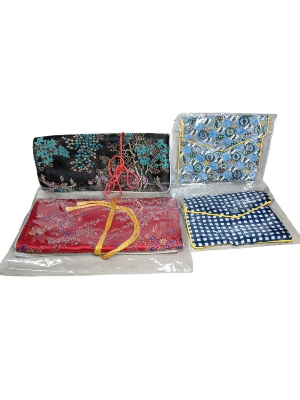 Four Silk Jewelry Pouches Lot Asian Nautical and Checkered Gift Idea